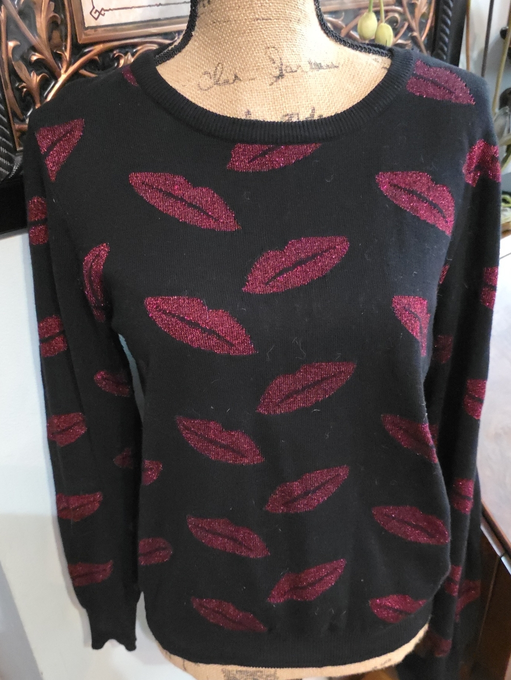 Philosophy Black Sweater with Metallic Burgundy Lip Motif